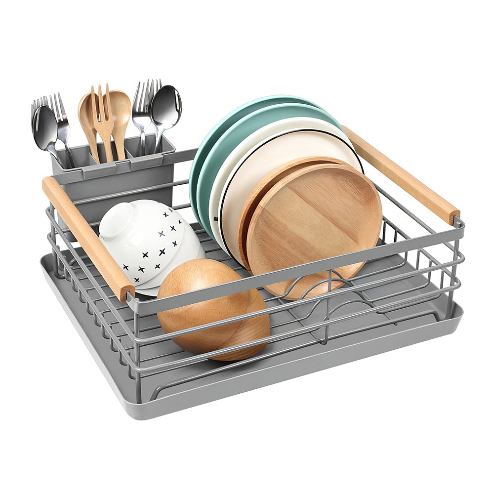 Stainless Steel Dish Drying Rack with Wooden Handles, Cutlery Holder & Drainboard