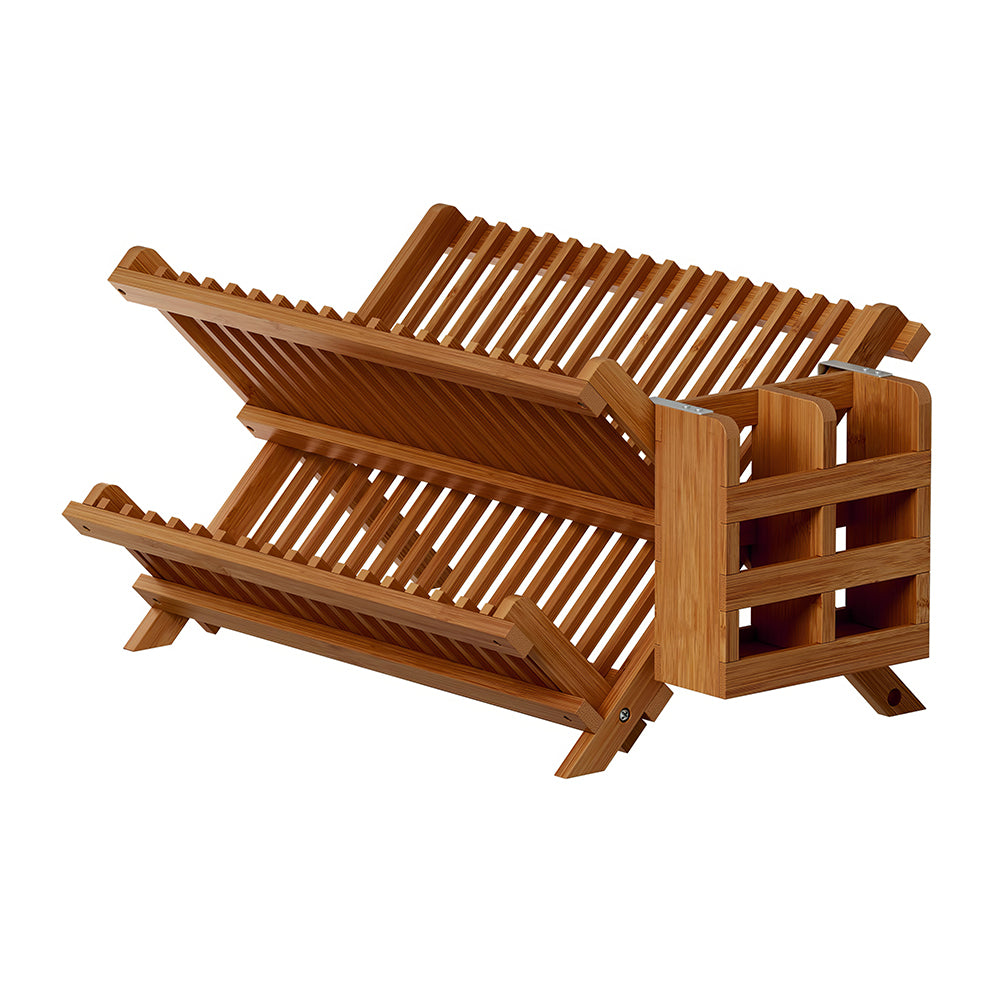 3-Tier Bamboo Dish Drying Rack with Utensil Holder & Absorbent Mat, Foldable