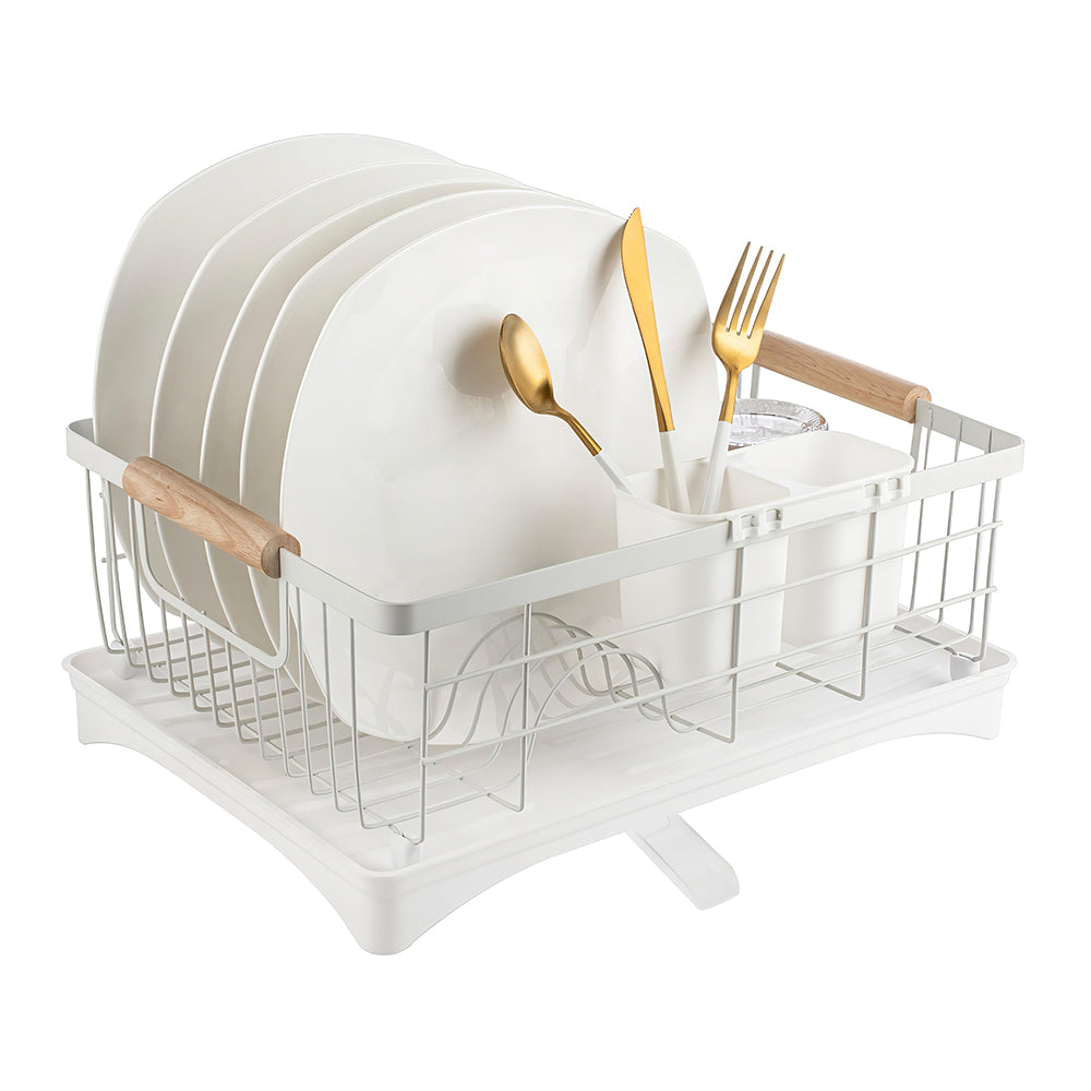 Black Dish Drying Rack with Beechwood Handles & Drain Spout, Countertop