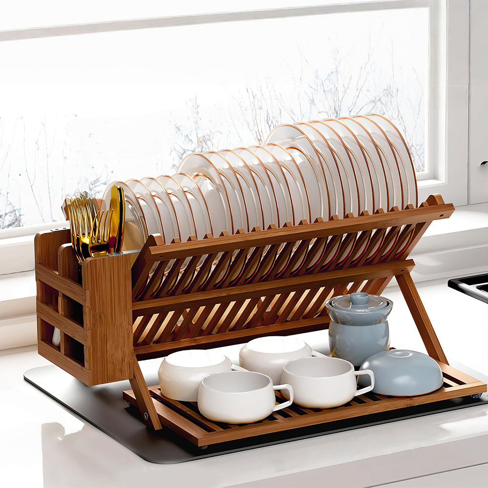 3-Tier Bamboo Dish Drying Rack with Utensil Holder & Absorbent Mat, Foldable