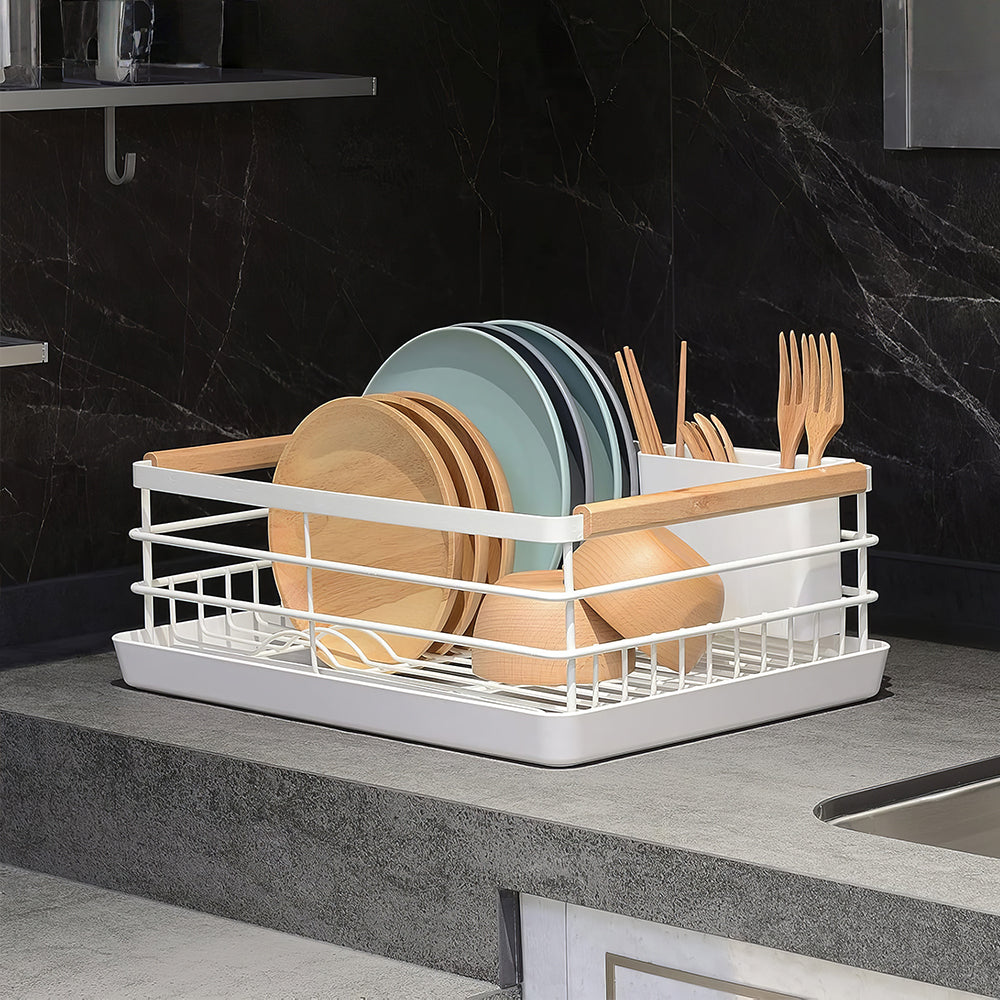 Stainless Steel Dish Drying Rack with Wooden Handles, Cutlery Holder & Drainboard
