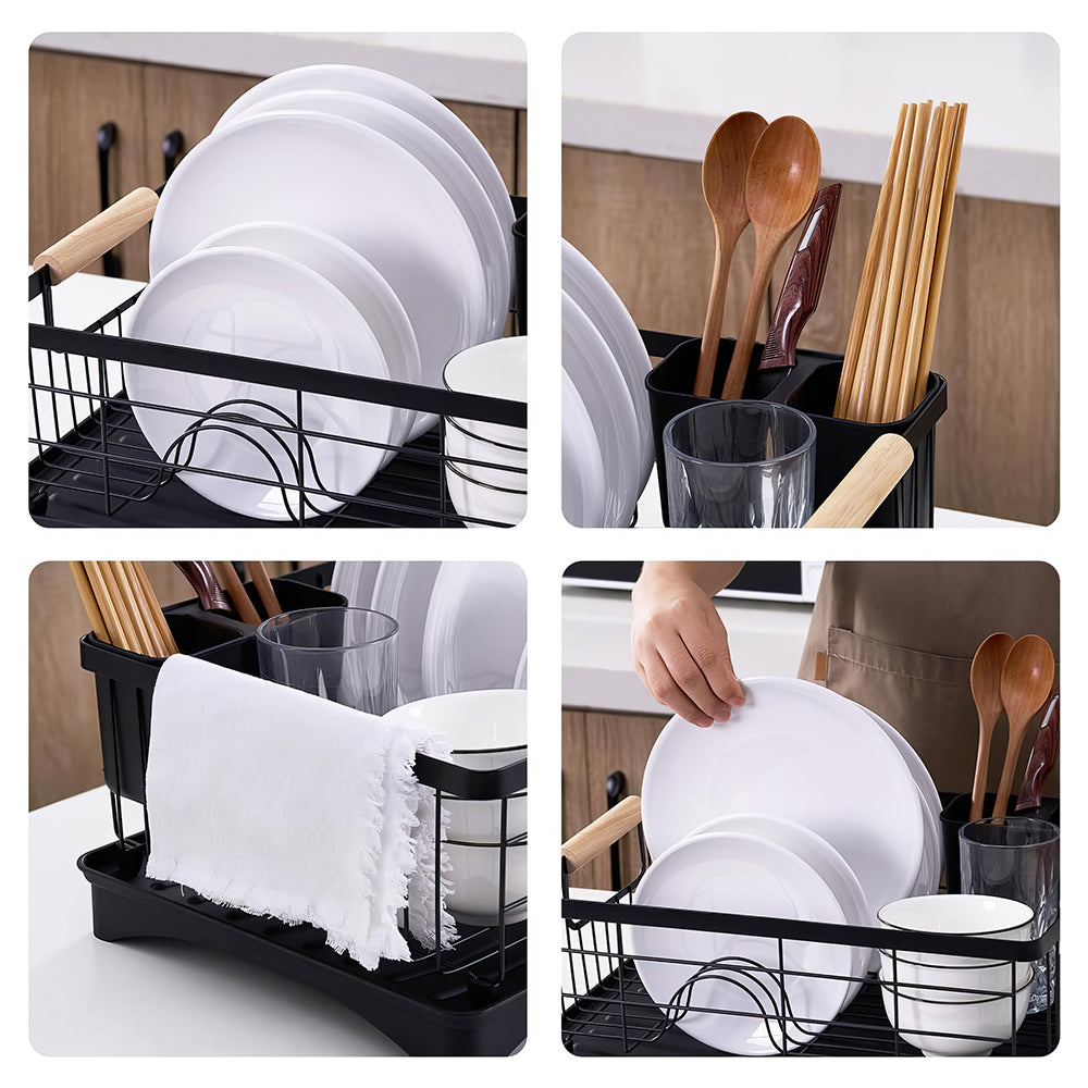 Black Dish Drying Rack with Beechwood Handles & Drain Spout, Countertop