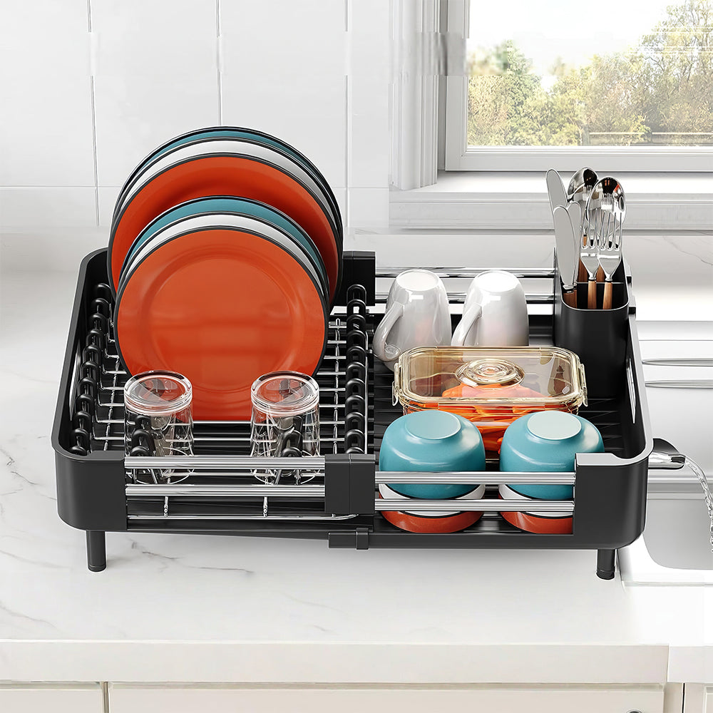 Extendable Dish Drying Rack with Drainboard & Cutlery Holder, Foldable Design