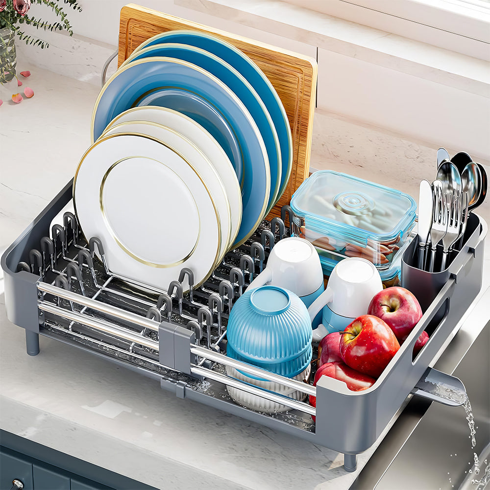 Stainless Steel Extendable Dish Drying Rack with Drainboard & Holder