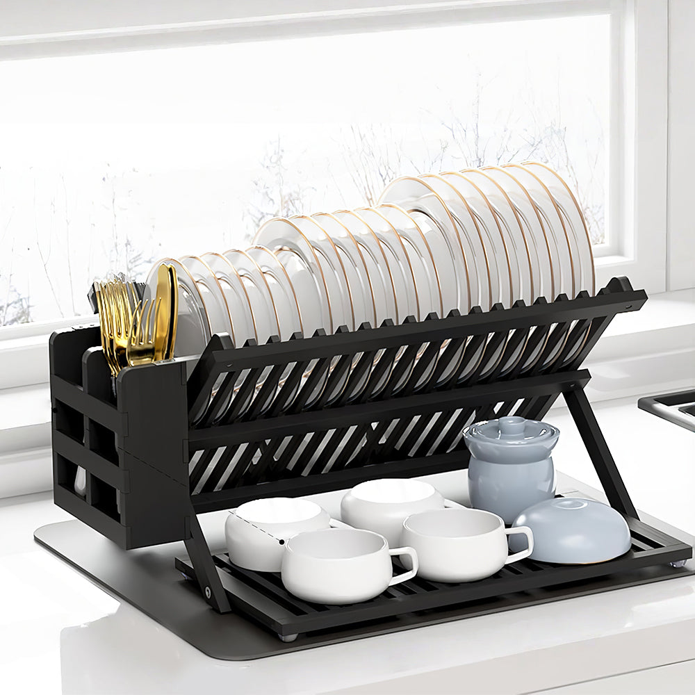 3-Tier Bamboo Dish Drying Rack with Utensil Holder & Absorbent Mat, Foldable