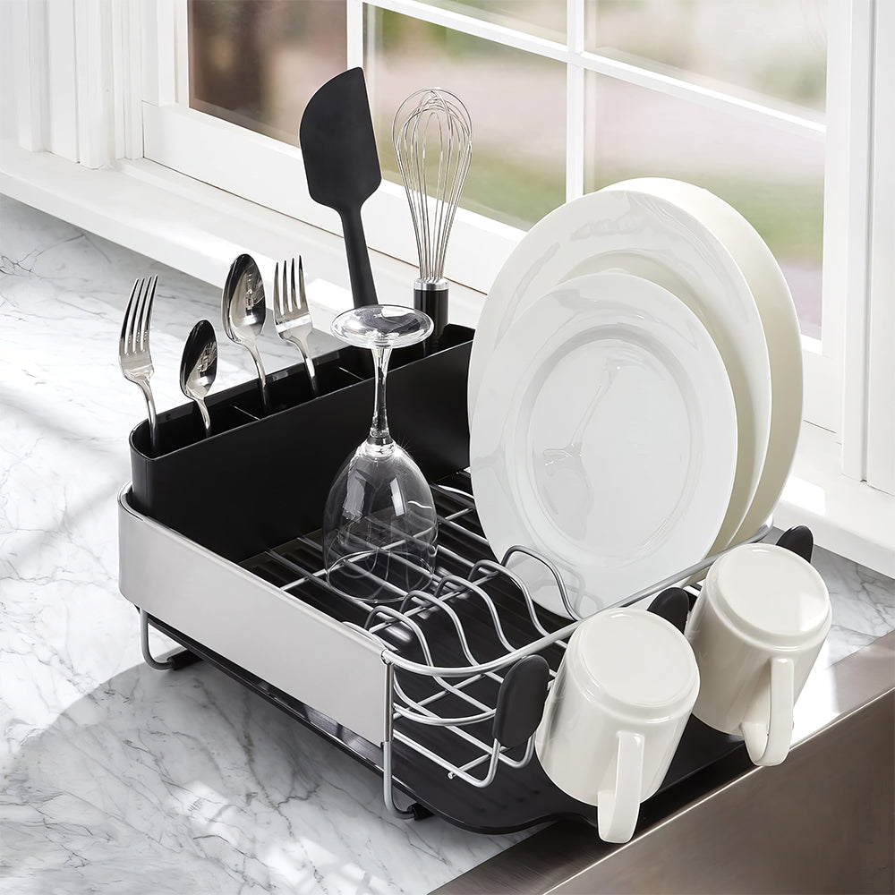 Compact Rust-Resistant Dish Drying Rack with Drainboard & Flatware Caddy