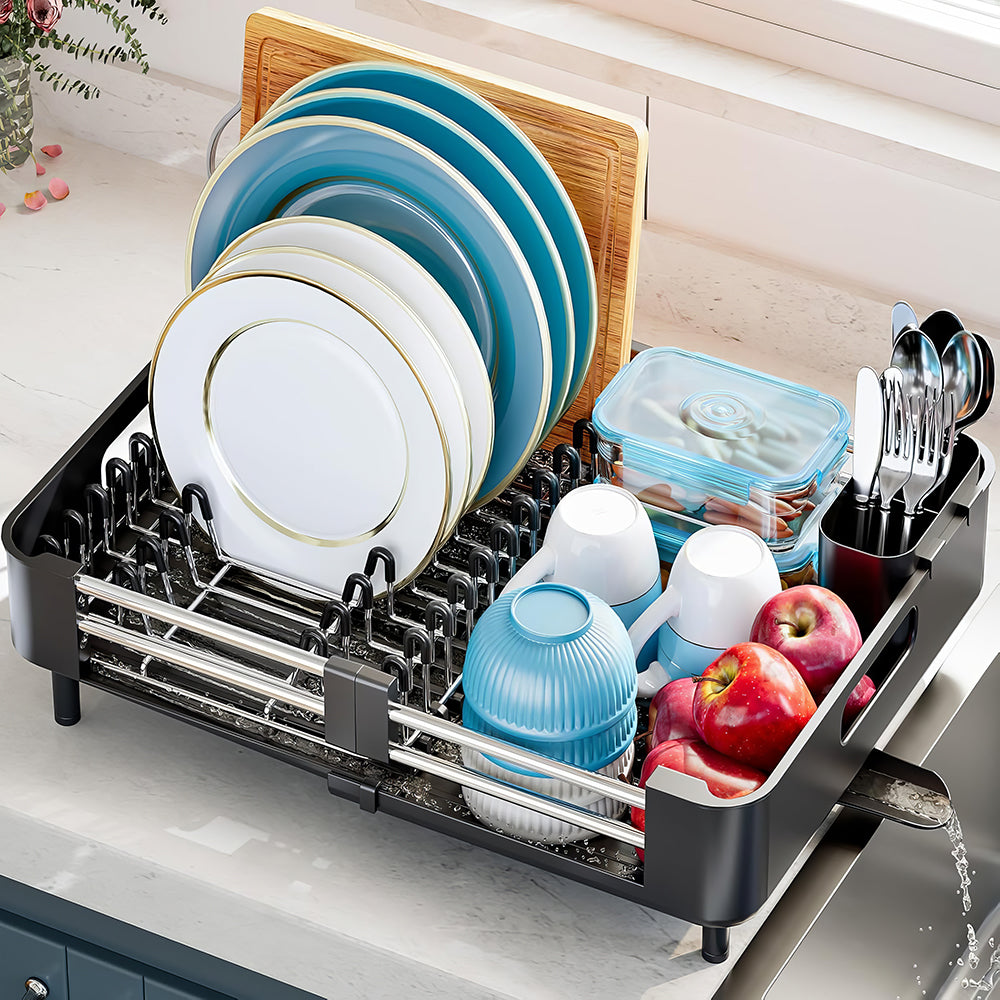 Stainless Steel Extendable Dish Drying Rack with Drainboard & Holder