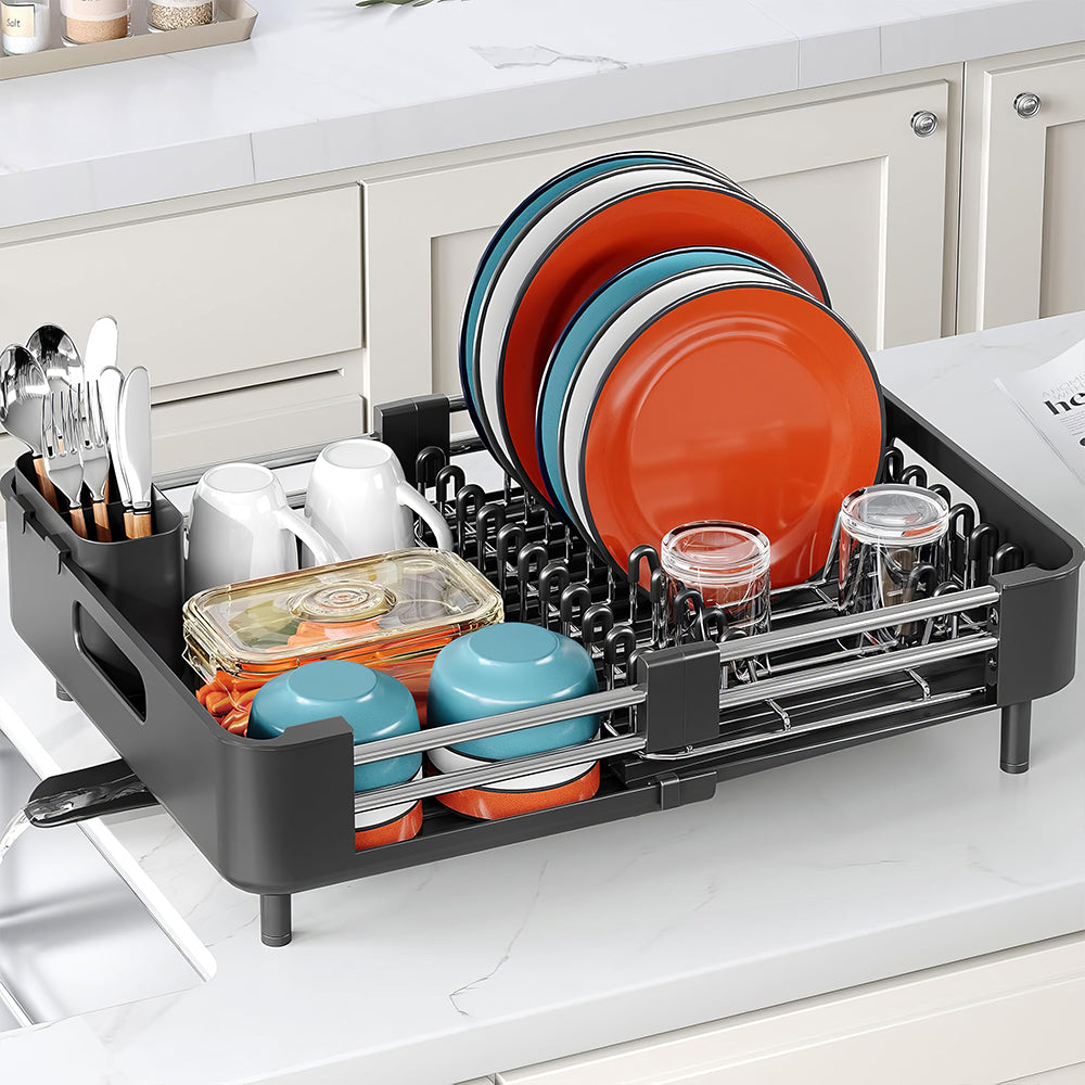 Extendable Dish Drying Rack with Drainboard & Cutlery Holder, Foldable Design