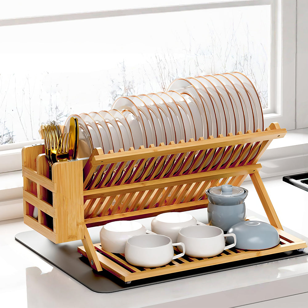 3-Tier Bamboo Dish Drying Rack with Utensil Holder & Absorbent Mat, Foldable