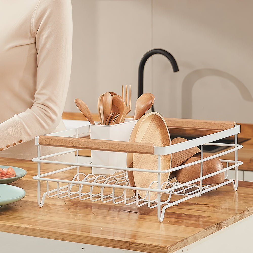 Stainless Steel Dish Drying Rack with Wooden Handles, Cutlery Holder & Drainboard