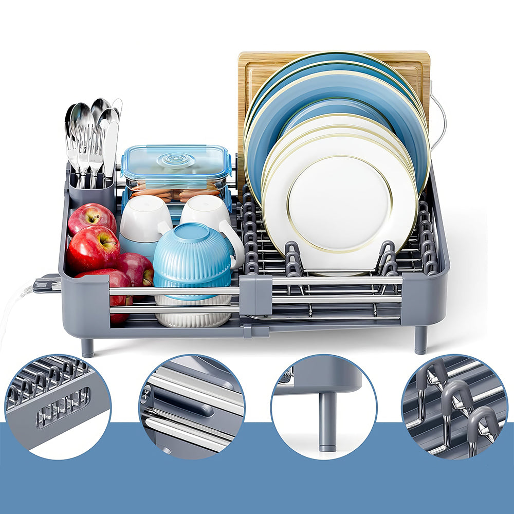 Stainless Steel Extendable Dish Drying Rack with Drainboard & Holder