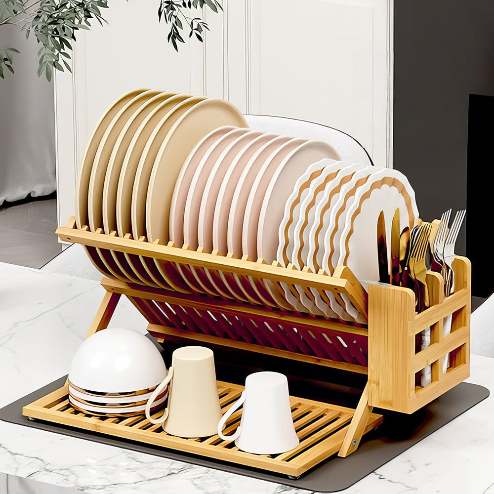 3-Tier Bamboo Dish Drying Rack with Utensil Holder & Absorbent Mat, Foldable