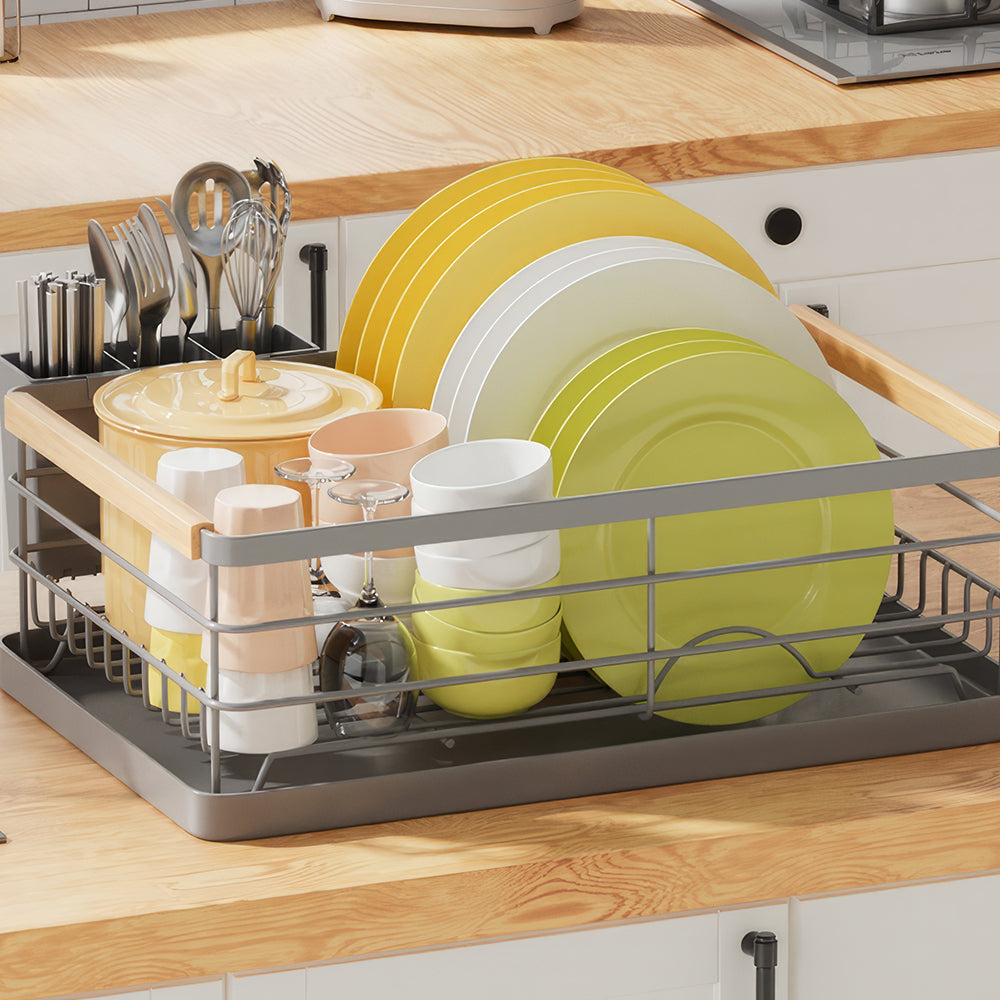 Stainless Steel Dish Drying Rack with Wooden Handles, Cutlery Holder & Drainboard