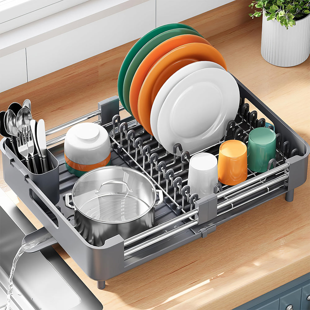Extendable Dish Drying Rack with Drainboard & Cutlery Holder, Foldable Design