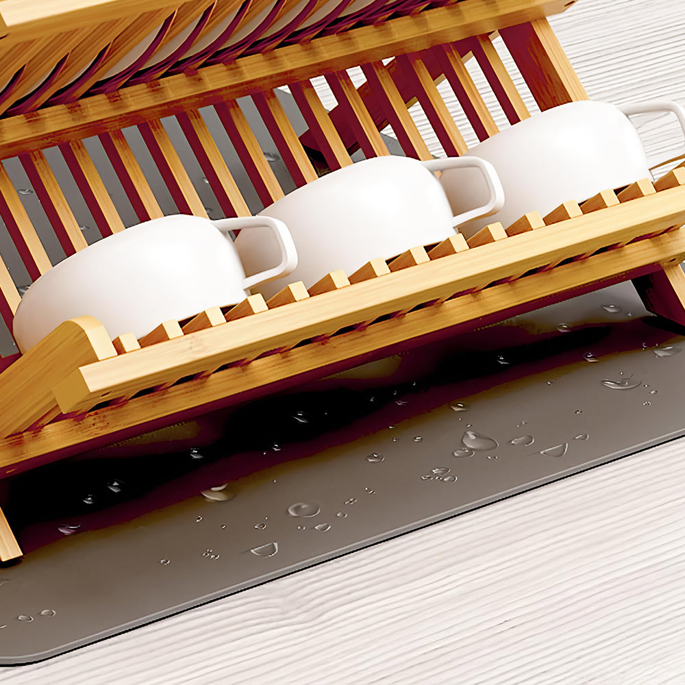 3-Tier Bamboo Dish Drying Rack with Utensil Holder & Absorbent Mat, Foldable