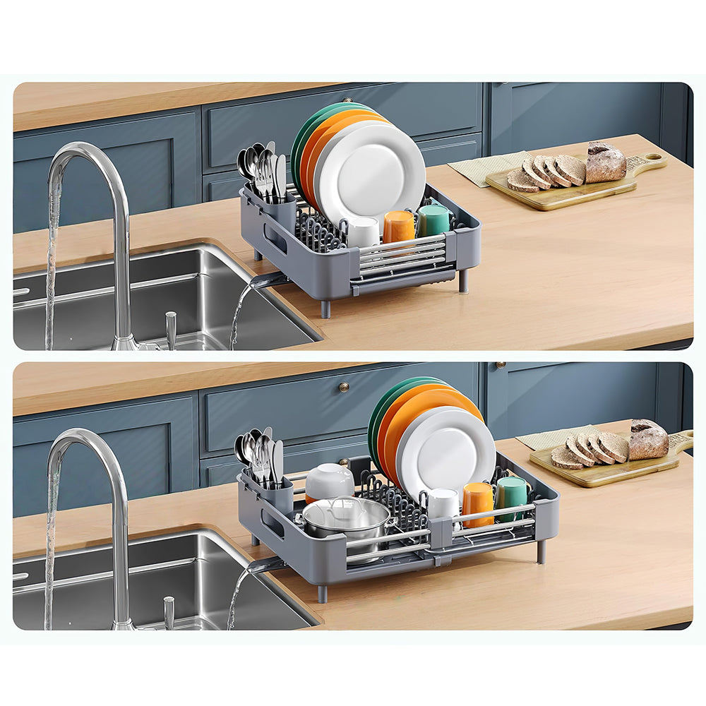 Extendable Dish Drying Rack with Drainboard & Cutlery Holder, Foldable Design