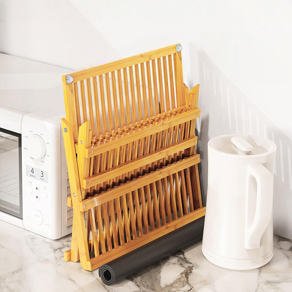 3-Tier Bamboo Dish Drying Rack with Utensil Holder & Absorbent Mat, Foldable