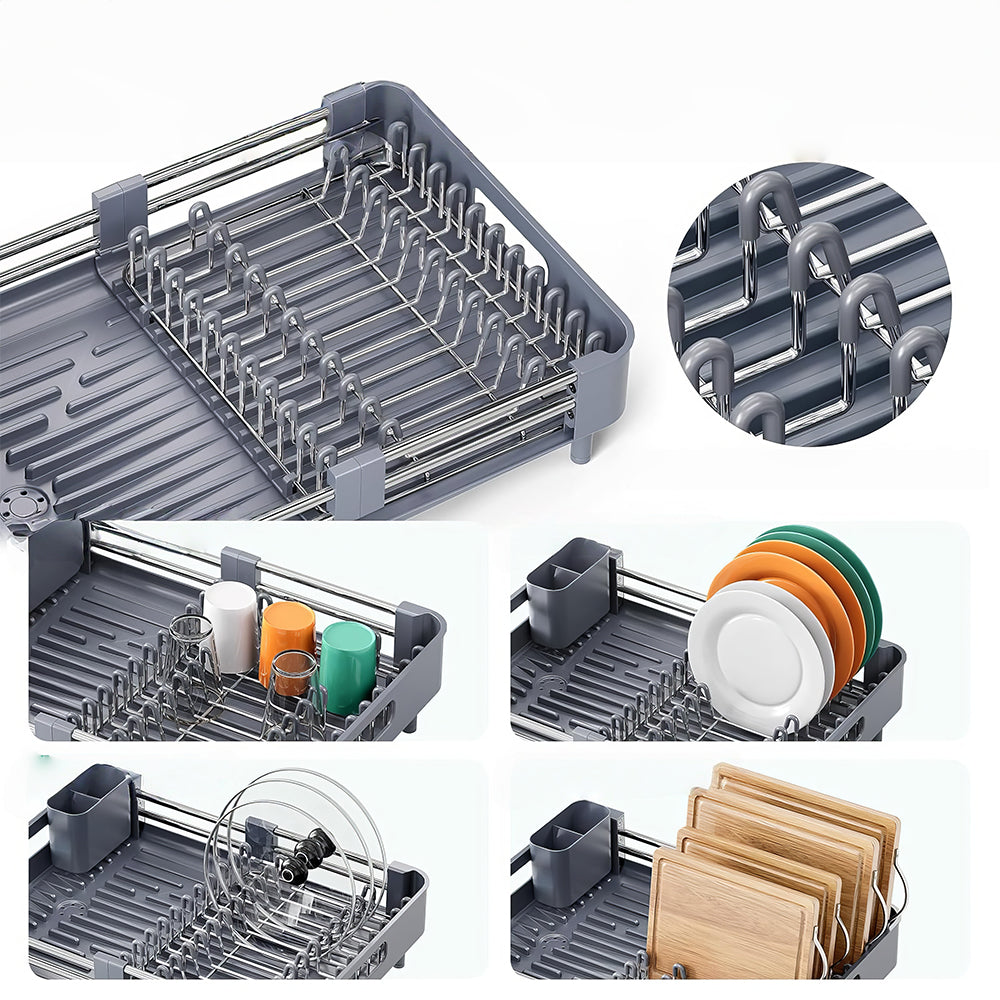 Extendable Dish Drying Rack with Drainboard & Cutlery Holder, Foldable Design