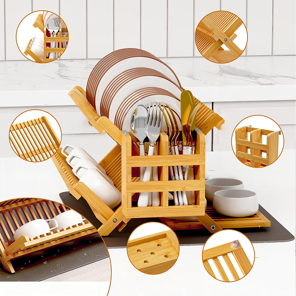 3-Tier Bamboo Dish Drying Rack with Utensil Holder & Absorbent Mat, Foldable