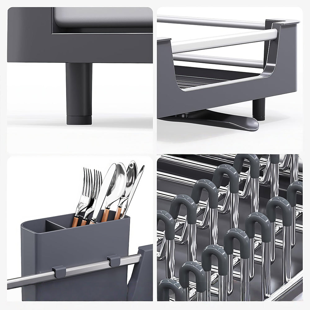 Extendable Dish Drying Rack with Drainboard & Cutlery Holder, Foldable Design