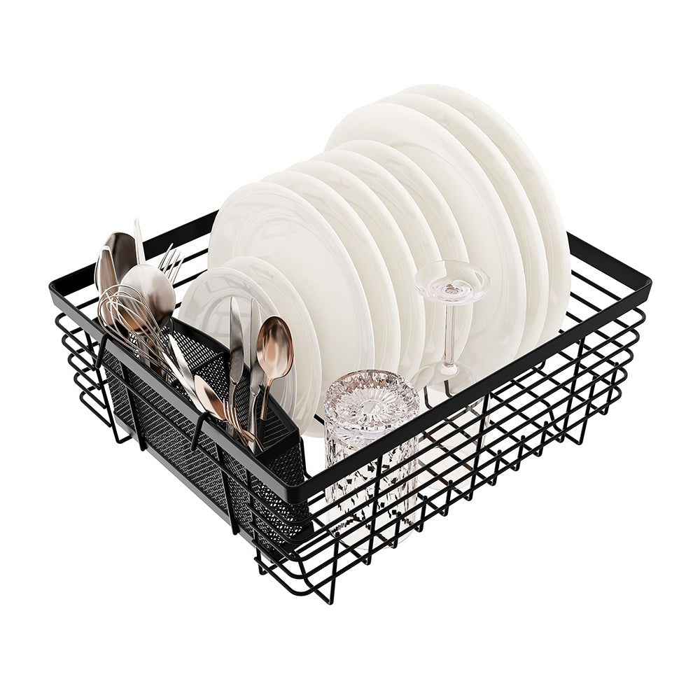 Metal Dish Drying Rack with Full-Mesh Utensil Holder, Compact Sink Drainer