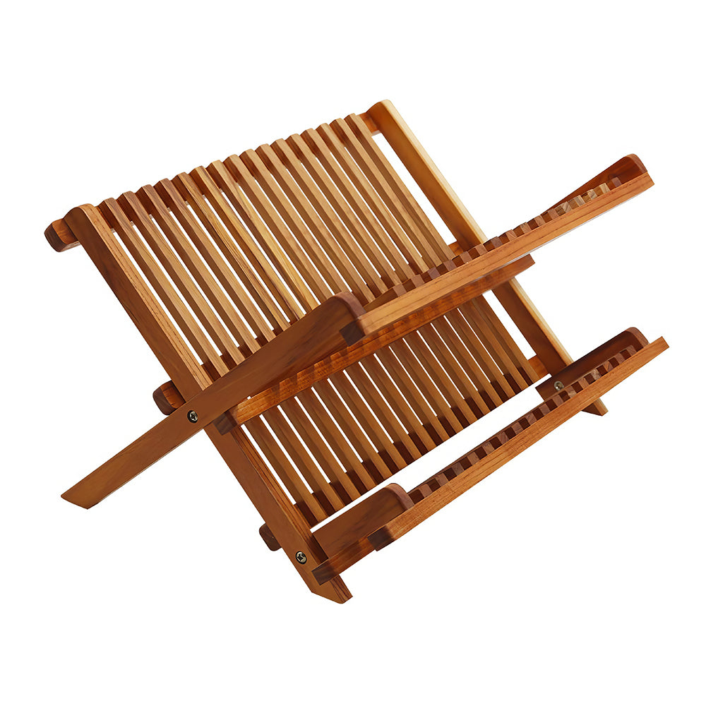 2-Tier Foldable Teak Dish Drying Rack, Collapsible Wooden Plate Organizer