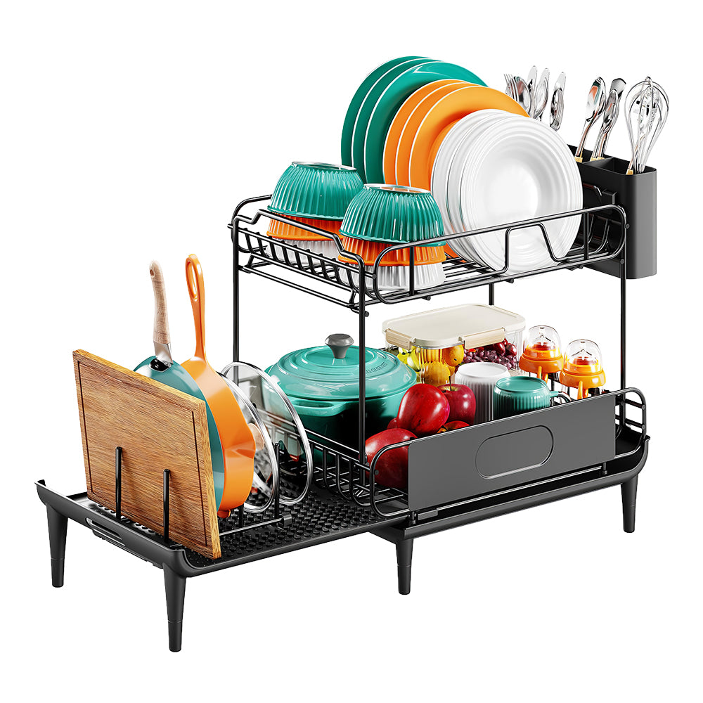 Extendable Dish Drying Rack with Drainboard & Utensil Holder