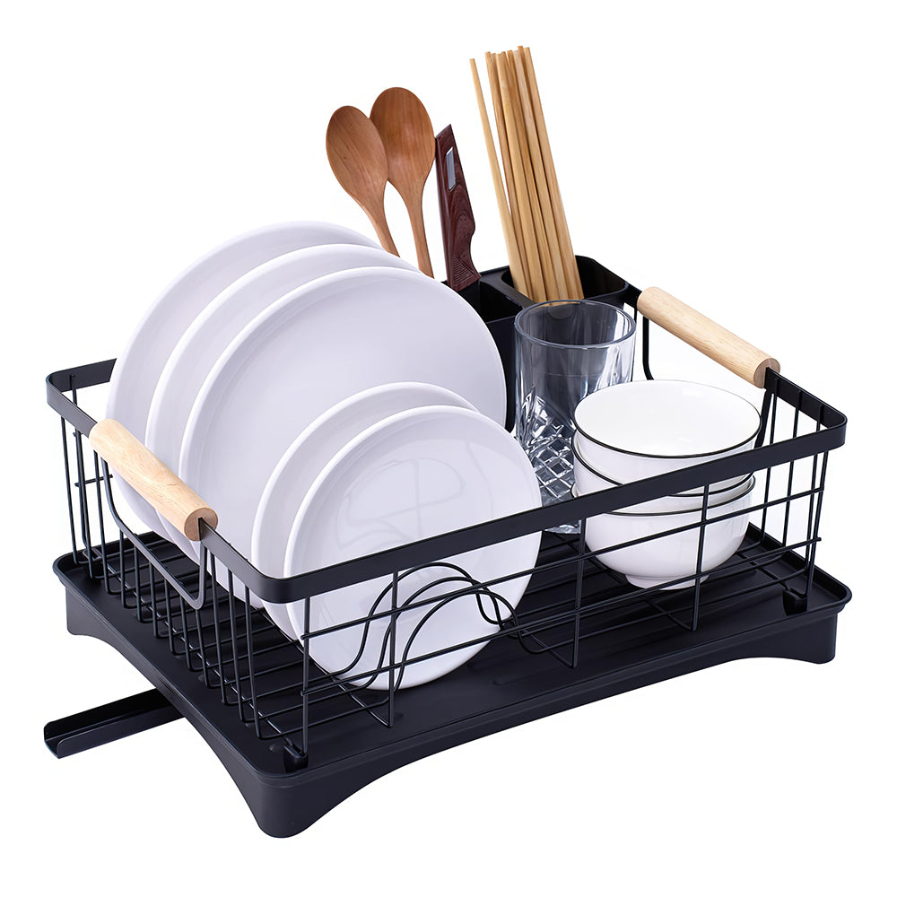 Black Dish Drying Rack with Beechwood Handles & Drain Spout, Countertop