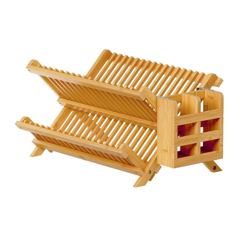 3-Tier Bamboo Dish Drying Rack with Utensil Holder & Absorbent Mat, Foldable