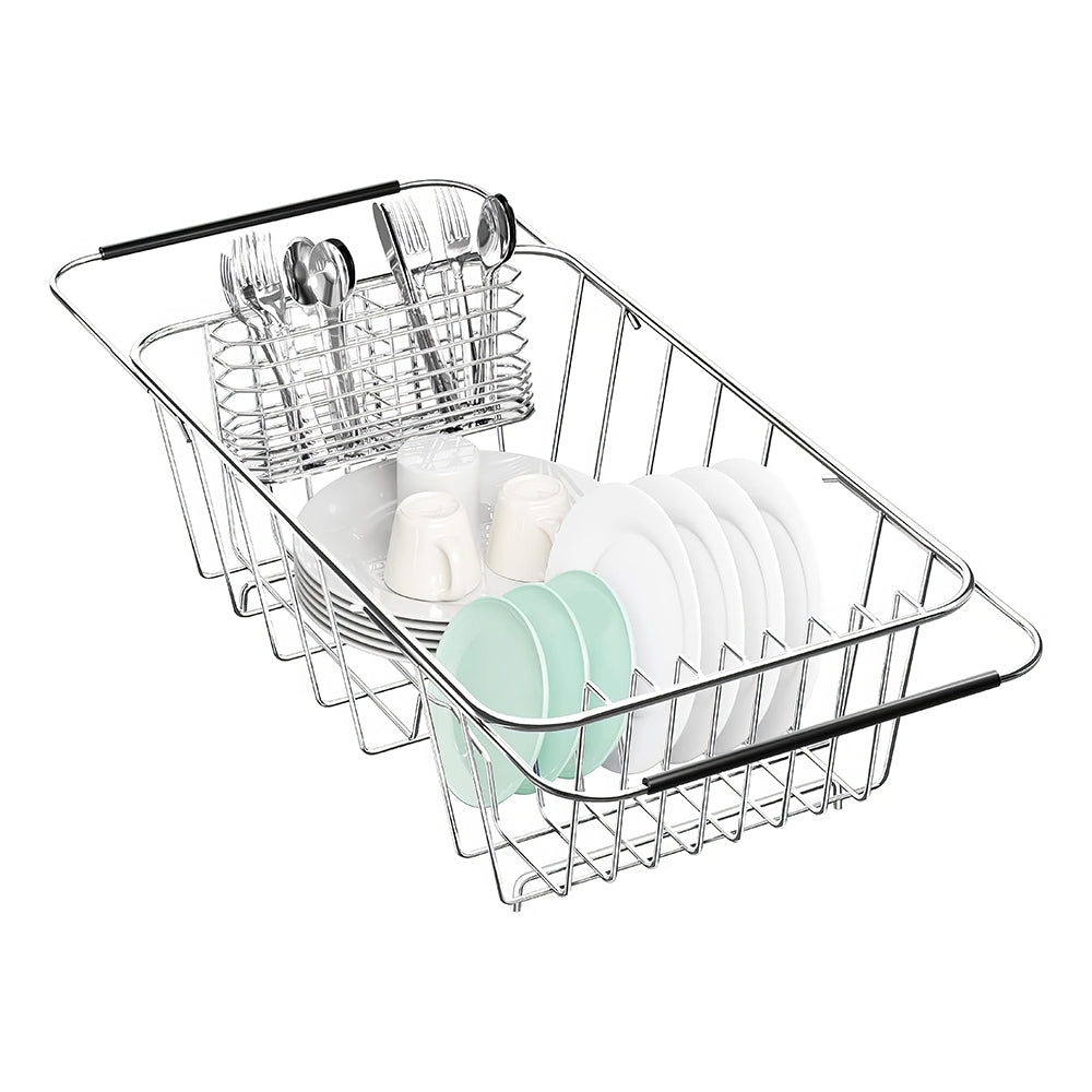 Adjustable Stainless Steel Over Sink Dish Drying Rack with Utensil Holder