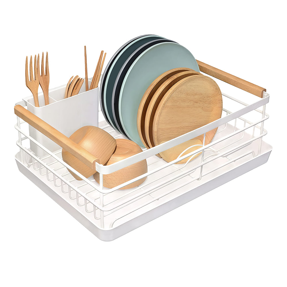 Stainless Steel Dish Drying Rack with Wooden Handles, Cutlery Holder & Drainboard