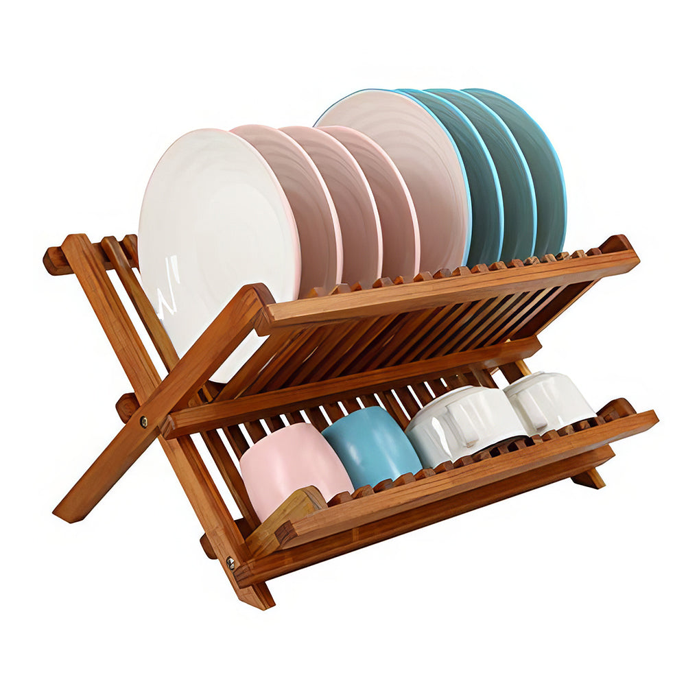 2-Tier Foldable Teak Dish Drying Rack, Collapsible Wooden Plate Organizer