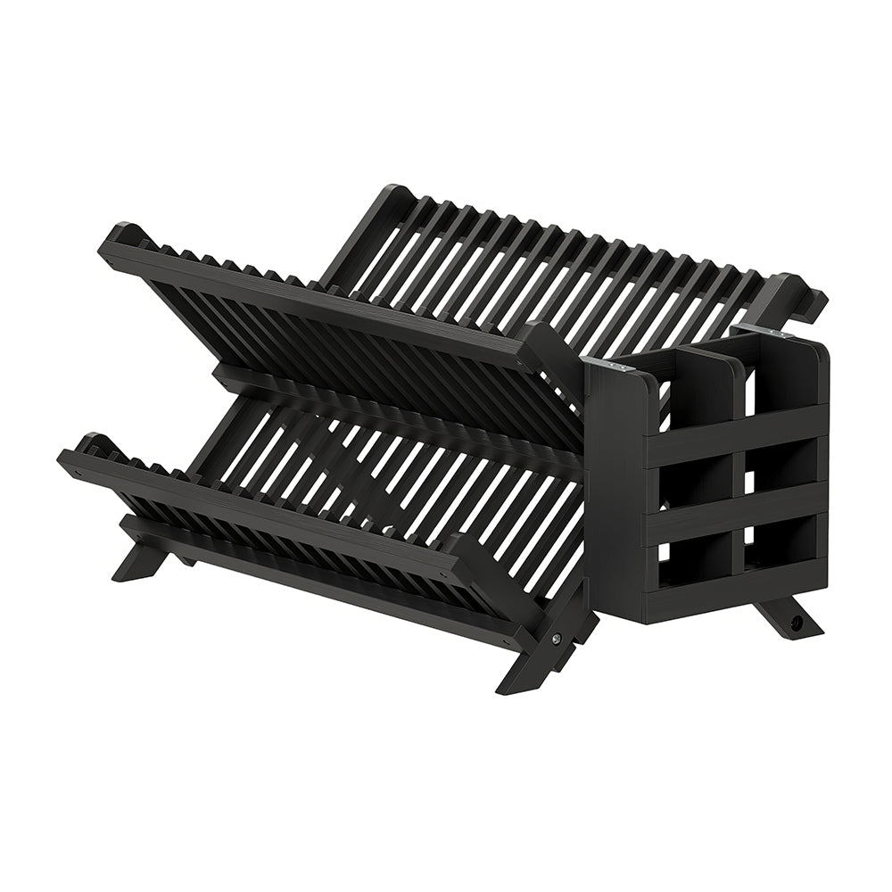 3-Tier Bamboo Dish Drying Rack with Utensil Holder & Absorbent Mat, Foldable