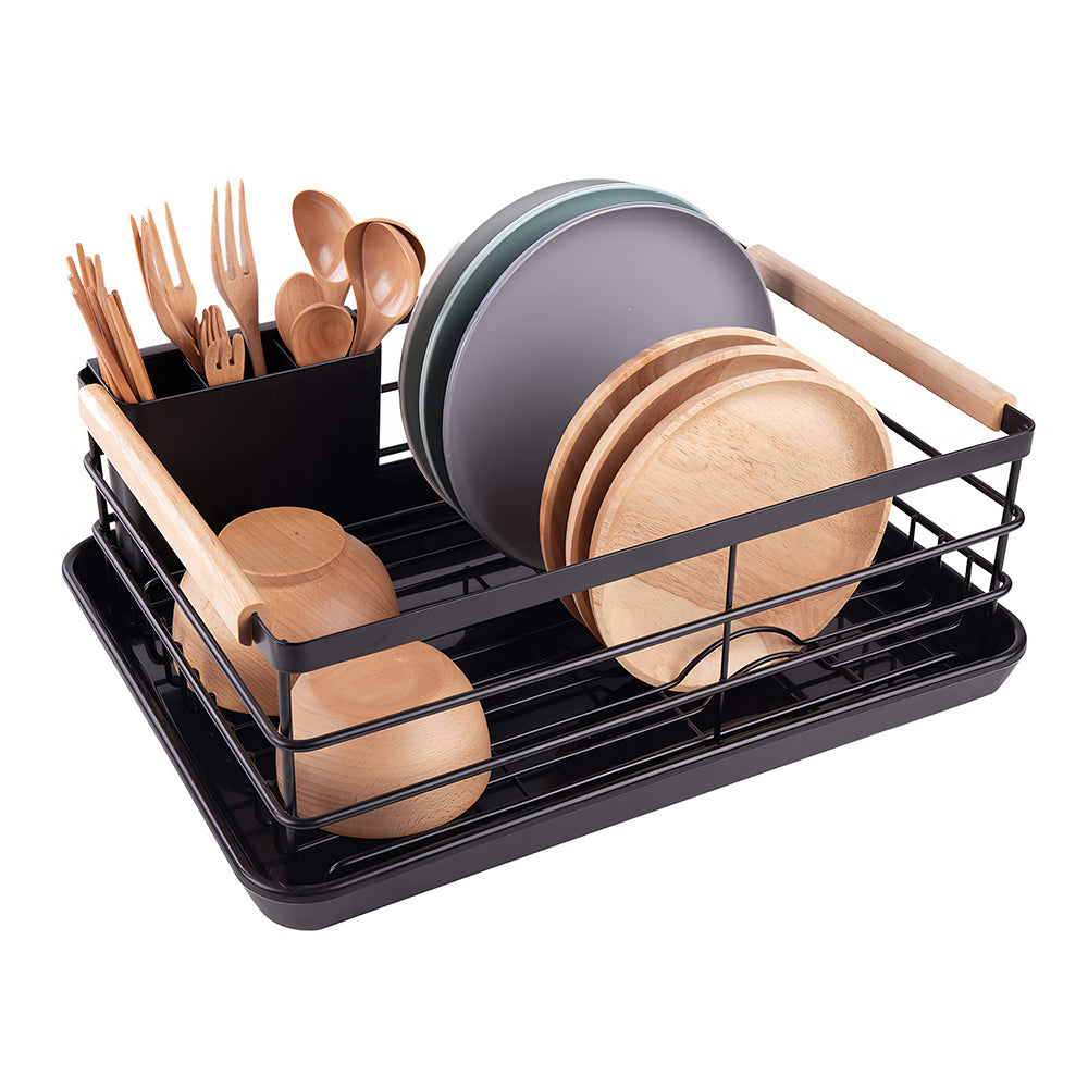 Stainless Steel Dish Drying Rack with Wooden Handles, Cutlery Holder & Drainboard