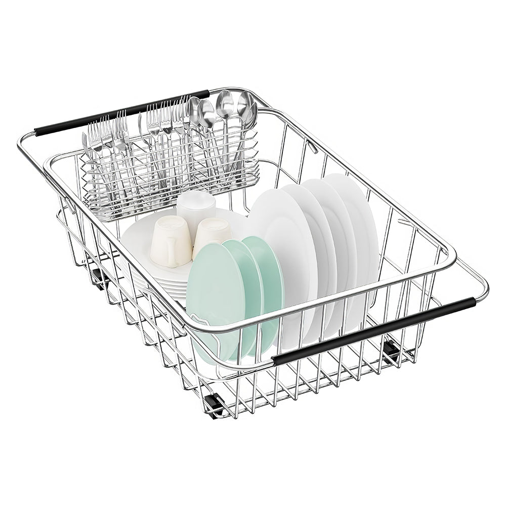 Adjustable Stainless Steel Over Sink Dish Drying Rack with Utensil Holder