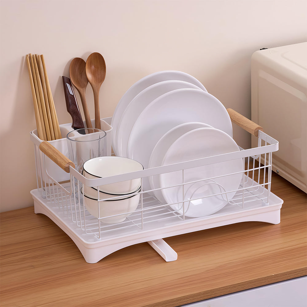 Black Dish Drying Rack with Beechwood Handles & Drain Spout, Countertop
