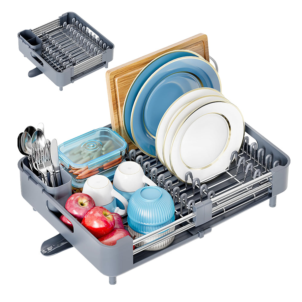 Stainless Steel Extendable Dish Drying Rack with Drainboard & Holder