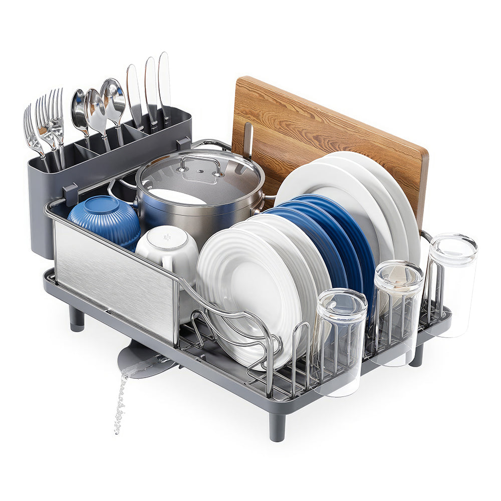 Stainless Steel Dish Drying Rack with Drainboard, Utensil Holder & Cup Shelf