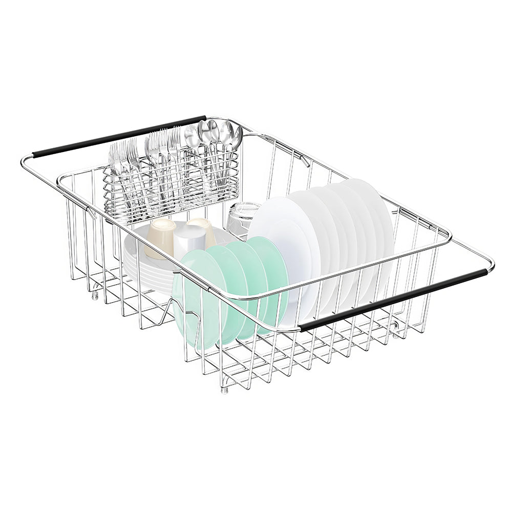 Adjustable Stainless Steel Over Sink Dish Drying Rack with Utensil Holder