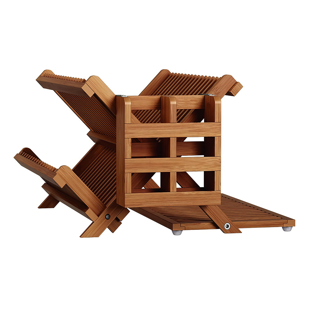 3-Tier Bamboo Dish Drying Rack with Utensil Holder & Absorbent Mat, Foldable