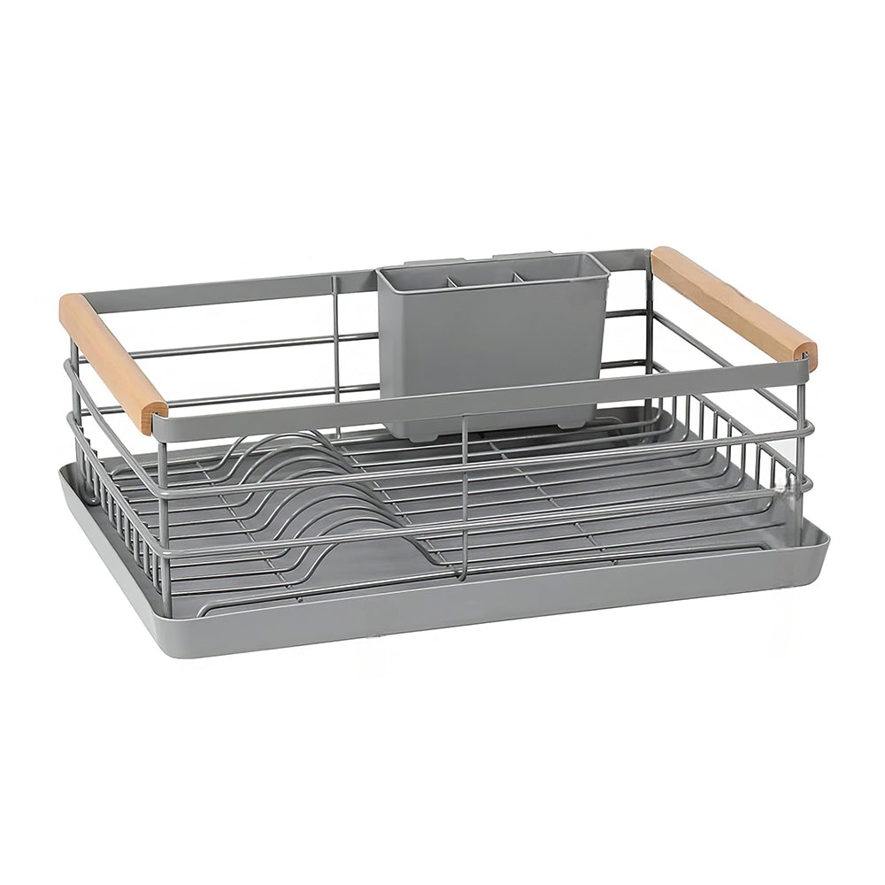 Stainless Steel Dish Drying Rack with Wooden Handles, Cutlery Holder & Drainboard