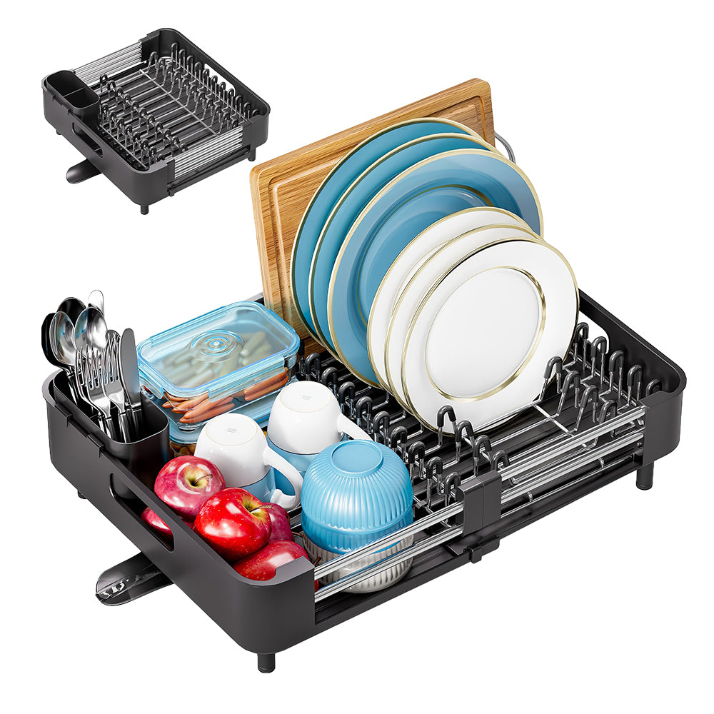 Stainless Steel Extendable Dish Drying Rack with Drainboard & Holder