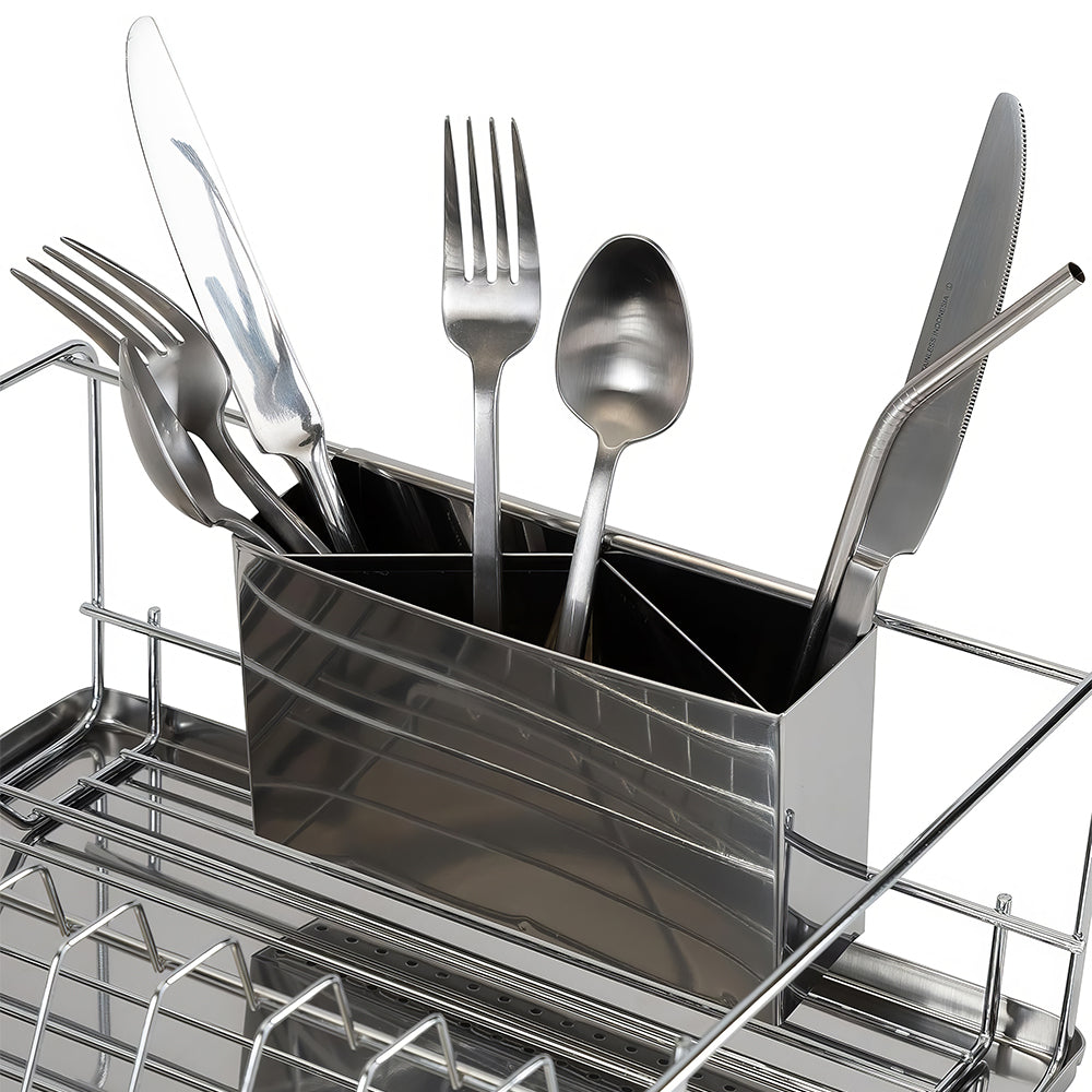 3-Piece Chrome Dish Drying Rack with Drain Tray & Cutlery Holder, Countertop