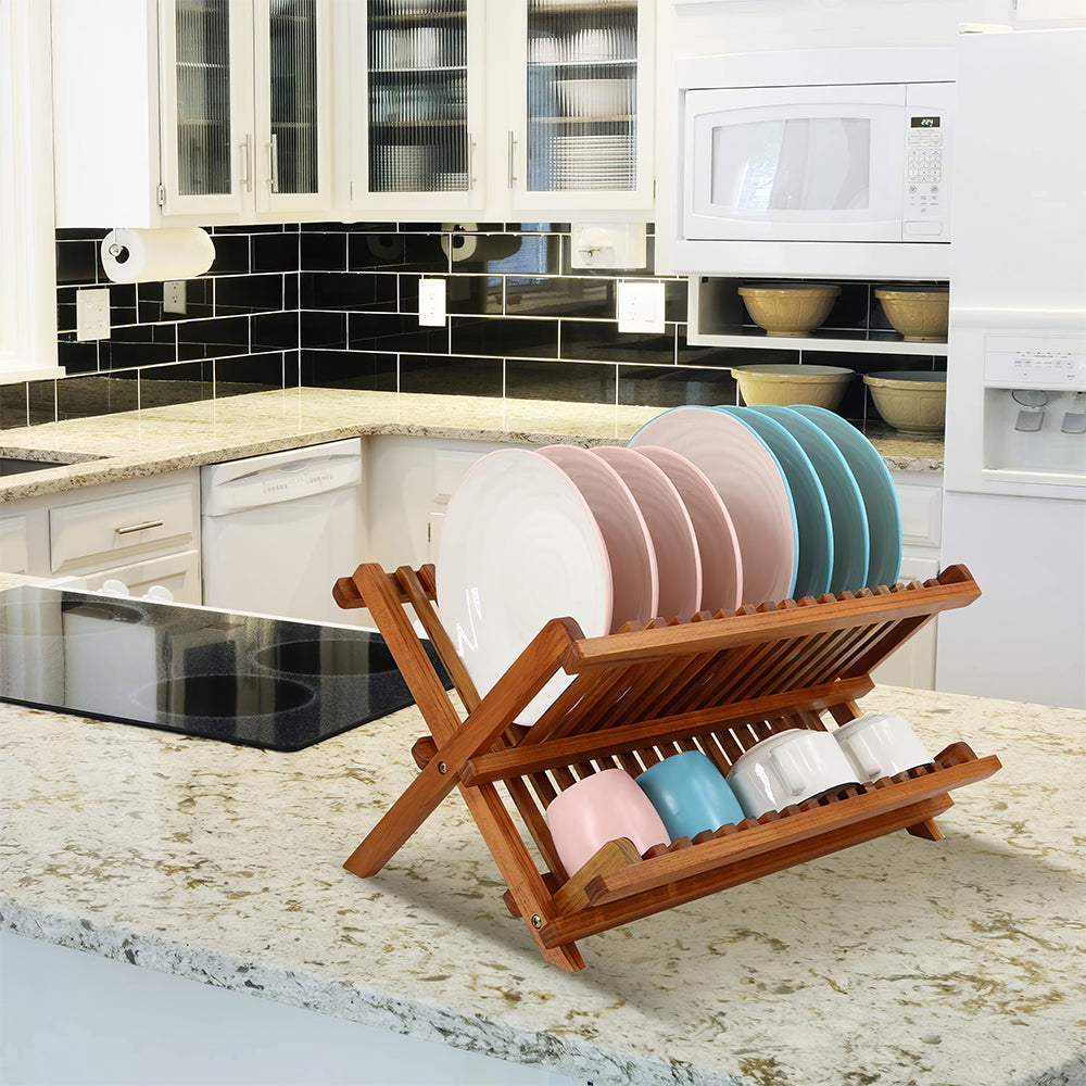 2-Tier Foldable Teak Dish Drying Rack, Collapsible Wooden Plate Organizer