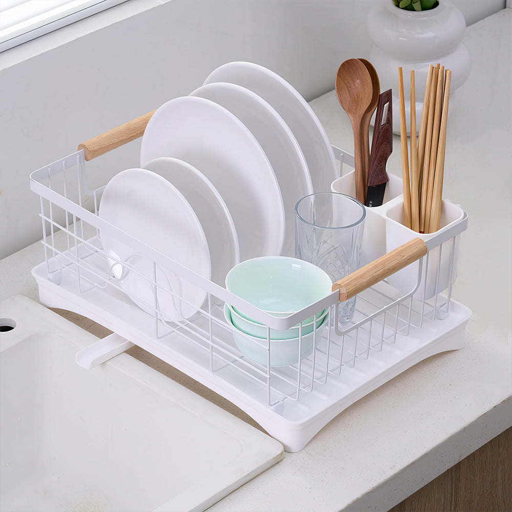 Black Dish Drying Rack with Beechwood Handles & Drain Spout, Countertop