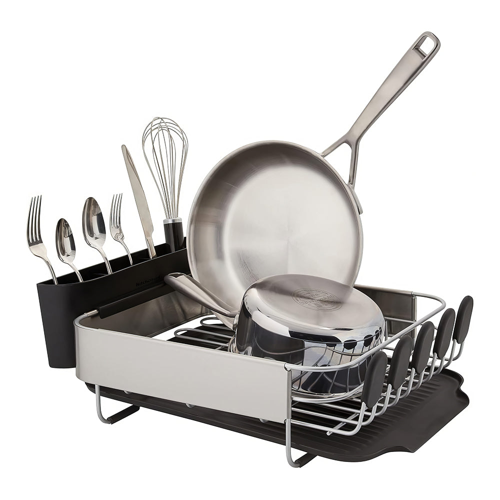 Compact Rust-Resistant Dish Drying Rack with Drainboard & Flatware Caddy