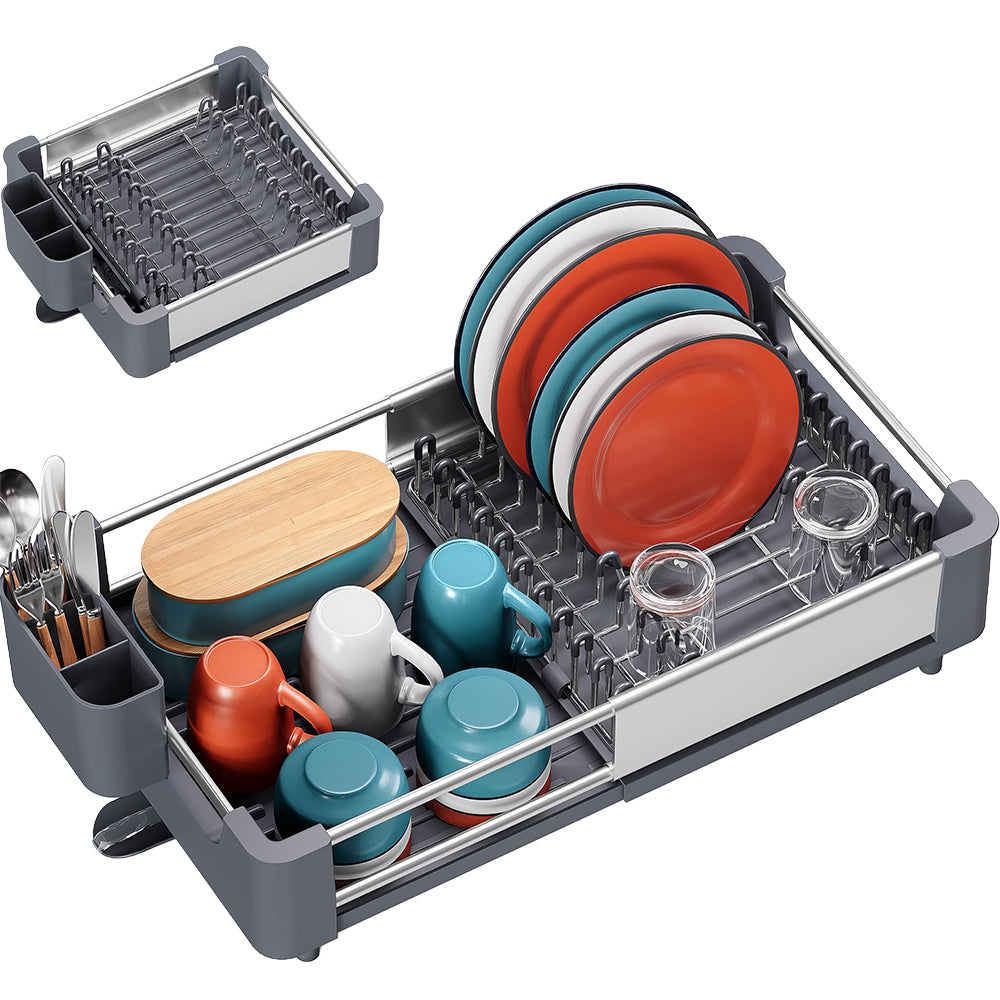 Extendable Dish Drying Rack with Drainboard & Cutlery Holder, Foldable Design
