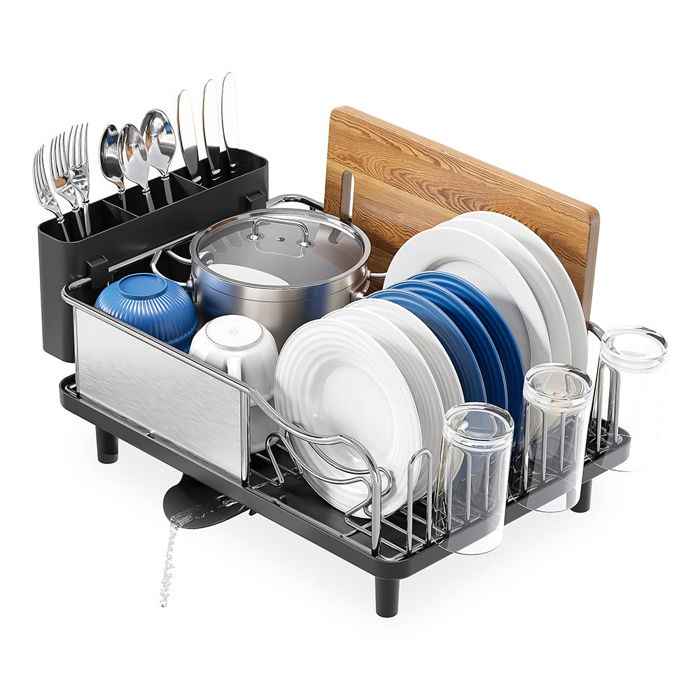 Stainless Steel Dish Drying Rack with Drainboard, Utensil Holder & Cup Shelf