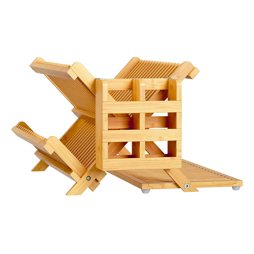 3-Tier Bamboo Dish Drying Rack with Utensil Holder & Absorbent Mat, Foldable