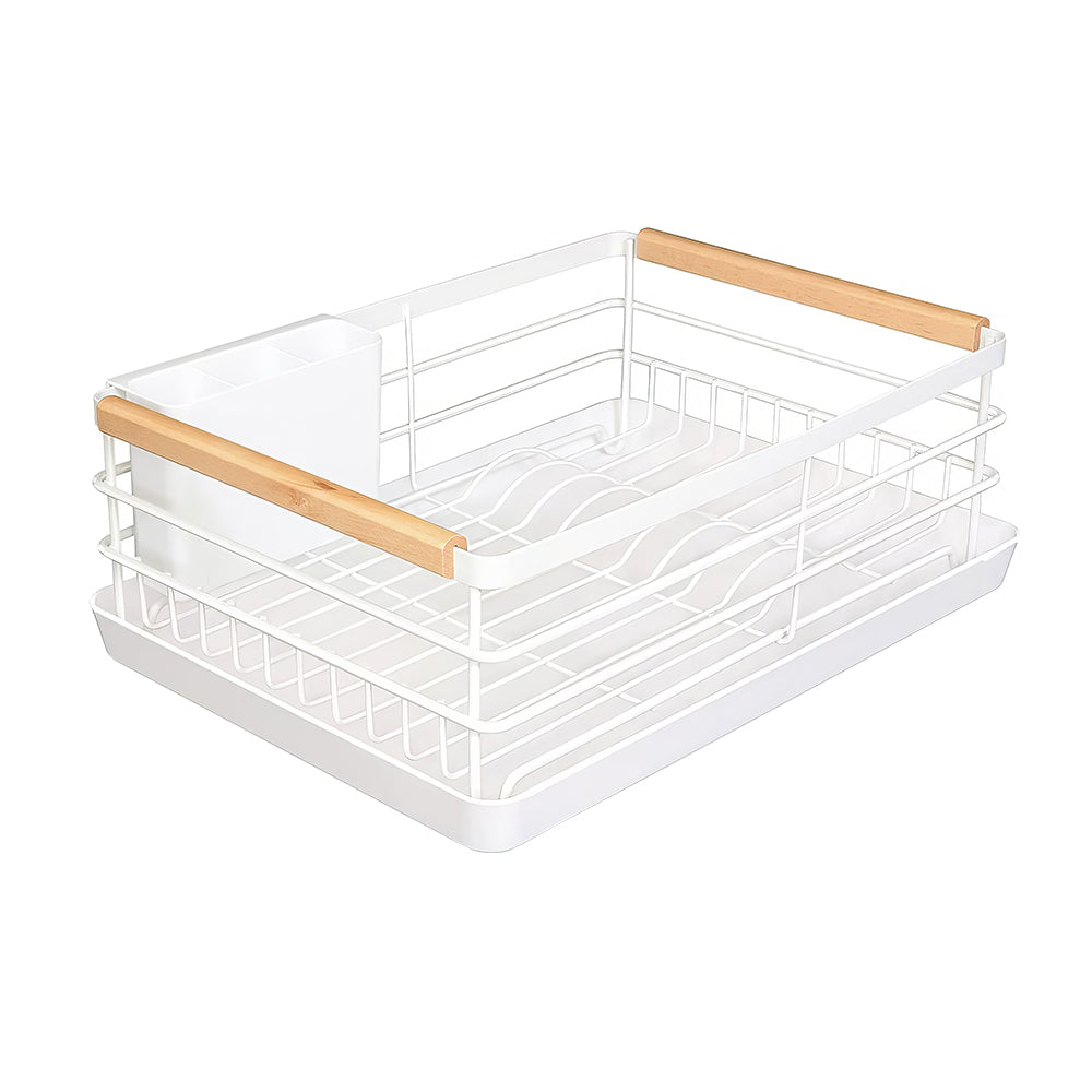 Stainless Steel Dish Drying Rack with Wooden Handles, Cutlery Holder & Drainboard